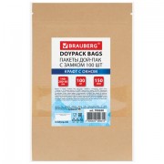 Пакеты дой-пак с замком ZIP LOCK, крафт с окном 50 мм, 140х200 + 40 мм, КОМПЛЕКТ 100 штук, 150 мкм, BRAUBERG, 700690