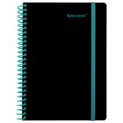 Тетрадь обложка пластик, А5 80 л., спираль пластик, резинка, клетка, BRAUBERG, черный/синий, 405385