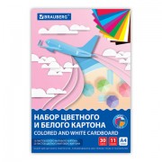 Набор цветного и белого картона немелованный A4 (белый 10л, цветной 20л. 10цв), BRAUBERG, 200х290, Superjet, 116422