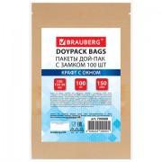 Пакеты дой-пак с замком ZIP LOCK, крафт с окном 40 мм, 100х150 + 30 мм, КОМПЛЕКТ 100 штук, 150 мкм, BRAUBERG, 700688