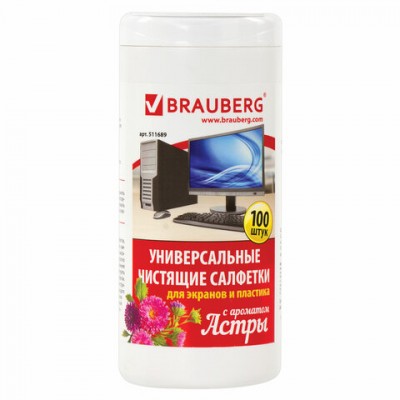 Салфетки для экранов всех типов и пластика BRAUBERG с ароматом 'АСТРА', в тубе 100 шт., влажные, 511689