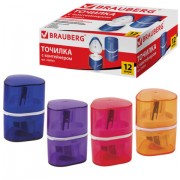 Точилка BRAUBERG 'Case', 3 отверстия для чернографитных и цветных карандашей (в том числе утолщенных), с контейнером, ассорти, 226943