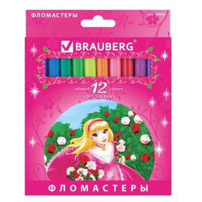 Фломастеры BRAUBERG 'Rose Angel', 12 цветов, вентилируемый колпачок, картонная упаковка, увеличенный срок службы, 150556