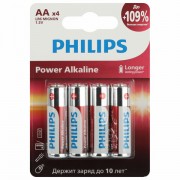 Батарейки алкалиновые 'пальчиковые' КОМПЛЕКТ 4 шт PHILIPS Power Alkaline, АА (LR6,24А, Б0062746