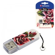 Флеш-диск 8 GB, VERBATIM Mini Tattoo Edition Rose, USB 2.0, белый с рисунком, 49881