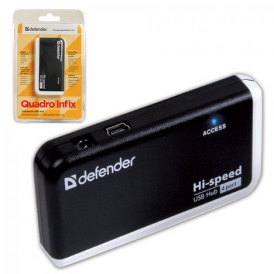 Хаб DEFENDER QUADRO INFIX, USB 2.0, 4 порта, порт для питания, 83504