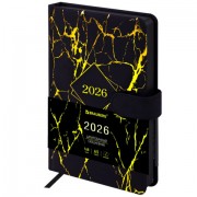 Ежедневник датированный 2026 А5 138x213 мм, BRAUBERG 'Goldy', под кожу, цветной срез, черный, 117470