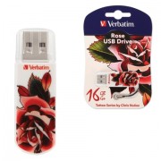 Флеш-диск 16 GB, VERBATIM Mini Tattoo Edition Rose, USB 2.0, белый с рисунком, 49885