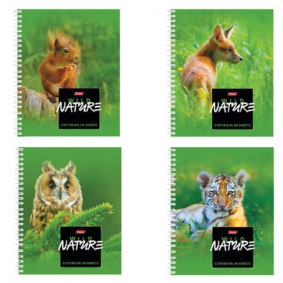 Тетрадь А5, 48 л., HATBER, гребень, клетка, обложка картон, 'WILD NATURE' (4 вида), 48Т5В1гр, T243190