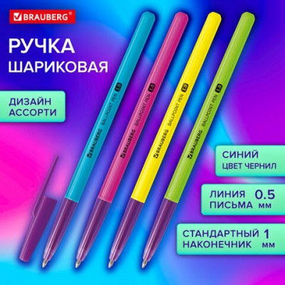 Ручка шариковая BRAUBERG Офисная NEON COLOR, СИНЯЯ, корпус ассорти, пишущий узел 1 мм, линия письма 0,5 мм, 144200