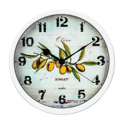 Часы настенные SCARLETT SC-WC1005K, круг, белые с рисунком 'Олива', белая рамка, 31x31x5,2 см, SC - WC1005K