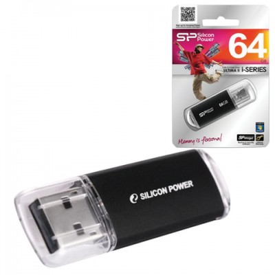 Флеш-диск 64 GB, SILICON POWER Ultima II-I Series, USB 2.0, металлический корпус, черный, SP64GBUF2M01V1K