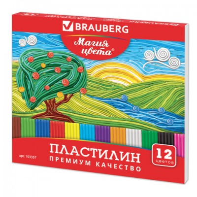Пластилин классический BRAUBERG, 12 цветов, 240 г, со стеком, высшее качество, картонная упаковка, 103357