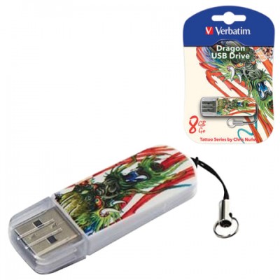 Флеш-диск 8 GB, VERBATIM Mini Tattoo Edition Dragon, USB 2.0, белый с рисунком, 49884