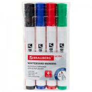 Маркеры стираемые для белой доски, НАБОР 4 ЦВЕТА, BRAUBERG 'ULTRA WHITEBOARD MARKER', 3 мм, 152635