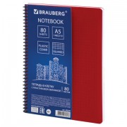 Тетрадь А5, 80 листов, BRAUBERG 'Metropolis', спираль пластиковая, клетка, обложка пластик, КРАСНЫЙ, 403396