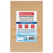Пакеты дой-пак с замком ZIP LOCK, крафт с окном 50 мм, 120х200 + 40 мм, КОМПЛЕКТ 100 штук, 150 мкм, BRAUBERG, 700689