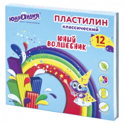 Пластилин классический ЮНЛАНДИЯ 'ЮНЫЙ ВОЛШЕБНИК', 12 цветов, 240 г, СО СТЕКОМ, ВЫСШЕЕ КАЧЕСТВО, 105723