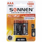 Батарейки аккумуляторные Ni-Mh мизинчиковые КОМПЛЕКТ 6 шт., AAA (HR03) 1000 mAh, SONNEN, 455611