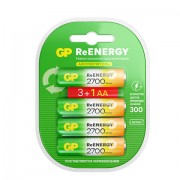 Батарейки аккумуляторные GP ReEnergy Ni-Mh КОМПЛЕКТ 4 шт. (ПРОМО 3+1), АА (HR6), 2600 mAh, 270AAHC3/1RGY, 270AAHC3/1RGY-2