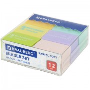 Ластики BRAUBERG 'Pastel Soft' НАБОР 12 шт., размер ластика 31х20х10 мм, экологичный ПВХ, 229598