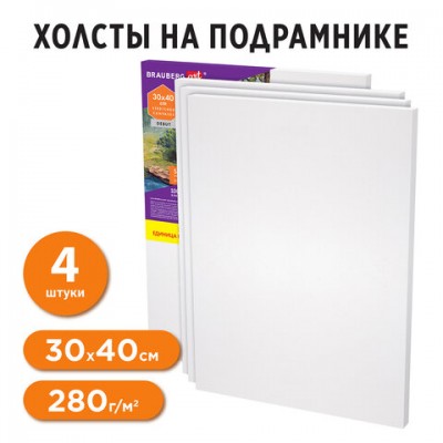 Холсты на подрамнике в коробе НАБОР 4шт (30х40см), 280г/м2, грунт, 100% хлопок, BRAUB