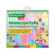 Набор текстовыделителей мини 12 ЦВЕТОВ BRAUBERG KIDS 'CUTE CATS', линия 1-5 мм, 152437