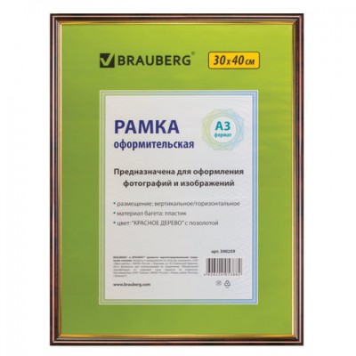 Рамка 30х40 см, пластик, багет 14 мм, BRAUBERG 'HIT', красное дерево с позолотой, стекло, 390259