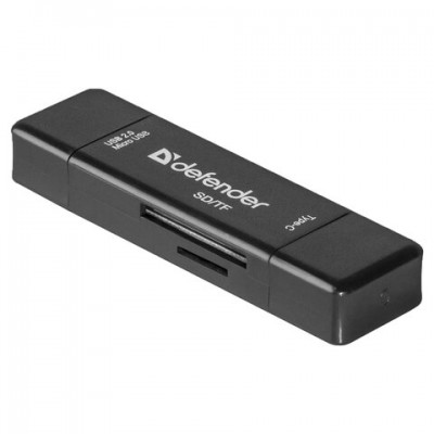 Картридер DEFENDER Multi Stick, USB 2.0, microUSB, Type-C, порты SD, micro SD, черный, 83206