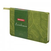 Еженедельник датированный 2026 МАЛЫЙ ФОРМАТ 95х155 мм, А6, BRAUBERG 'Foliage', под кожу, зеленый, 117198