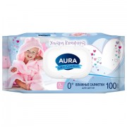 Салфетки влажные КОМПЛЕКТ 100 шт., для детей AURA 'Ultra comfort', гипоаллергенные, без спирта, крышка-клапан, 14588