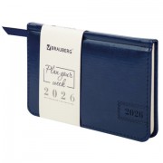 Еженедельник датированный 2026, МАЛЫЙ ФОРМАТ 95х155 мм, А6, BRAUBERG 'Imperial', под кожу, синий, 117187