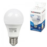 Лампа светодиодная SONNEN, 12 (100) Вт, цоколь Е27, грушевидная, холодный белый свет, 30000 ч, LED A60-12W-4000-E27, 453698