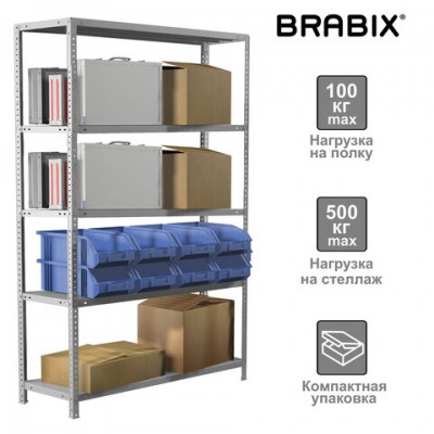 Стеллаж металлический BRABIX 'MS KD-200/50-5', 2000х1000х500 мм, 5 полок, сборная стойка, 291120, S240BR245502