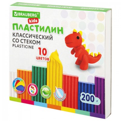 Пластилин классический BRAUBERG KIDS, 10 цветов, 200 г, со стеком, 106504