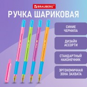 Ручка шариковая с грипом BRAUBERG 'X-ONE NEON', СИНЯЯ, корпус ассорти, узел 0,5 мм, линия письма 0,35 мм, 143987