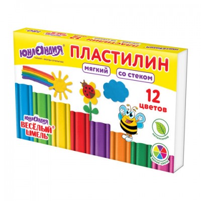 Пластилин мягкий ЮНЛАНДИЯ 'ВЕСЕЛЫЙ ШМЕЛЬ', 12 цветов, 180 г, СО СТЕКОМ, 106672