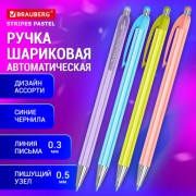 Ручка шариковая автоматическая BRAUBERG Stripes Pastel, СИНЯЯ, корпус ассорти, пишущий узел 0,5 мм, линия письма 0,3 мм, 144220