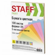 Бумага цветная STAFF 'Profit', А4, 80 г/м2, 100 л. (5 цв. х 20 л.), пастель, для офиса и дома, 110889