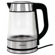 Чайник электрический SONNEN KT-6801, 1,8 л, 2200 Вт, термостойкое стекло текстура полоска, внутренняя подсветка синяя, нерж. сталь, 455143