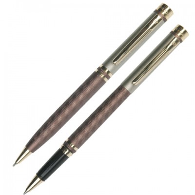 Набор PIERRE CARDIN (Пьер Карден) шариковая ручка и ручка-роллер, корпус коричневый, латунь, PC0824BP/RP, синий