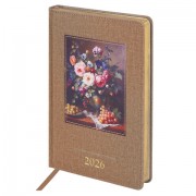 Ежедневник датированный 2026 А5 138х213 мм, BRAUBERG 'ArtGallery', под кожу, нашивка, бежевый, 117404