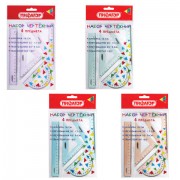 Набор чертежный ПИФАГОР (линейка 16 см, 2 треугольника, транспортир), прозрачный, пастельные цвета, ассорти, 210855