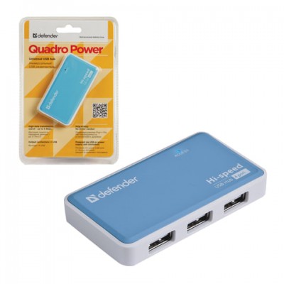 Хаб DEFENDER QUADRO POWER, USB 2.0, 4 порта, порт для питания, 83503