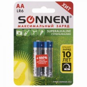 Батарейки КОМПЛЕКТ 2 шт., SONNEN Super Alkaline, АА(LR6,15А), алкалиновые, пальчиковые, в блистере, 451093