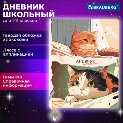 Дневник 1-11 класс 48л, кожзам (твердая), печать, ляссе с аппликацией, BRAUBERG, Котики, 106958