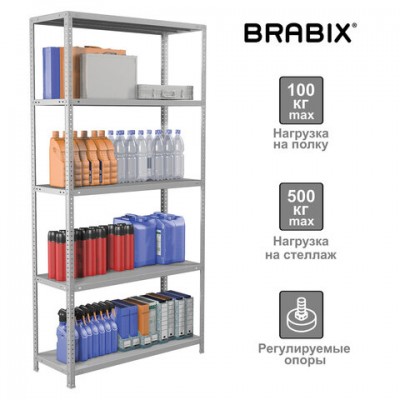 Стеллаж металлический BRABIX 'MS Plus-200/30-5', 2000х1000х300 мм, 5 полок, регулируемые опоры, 291108, S241BR163502