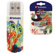 Флеш-диск 16 GB, VERBATIM Mini Tattoo Edition Phoenix, USB 2.0, белый с рисунком, 49887