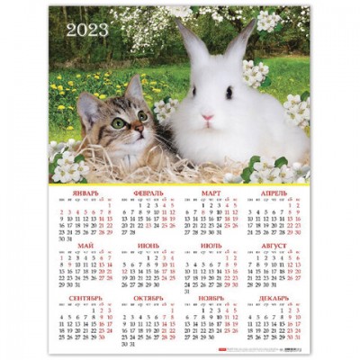 Календарь настенный листовой, 2023г, формат А2 45х60см, Год Кота и Кролика, HATBER, К, Кл2_27121