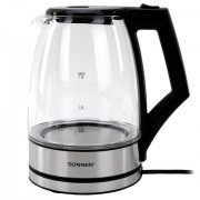 Чайник электрический SONNEN KT-1807, 1,8 л, 2200 Вт, термостойкое стекло, внутренняя подсветка синяя, нержавеющая сталь, 455140